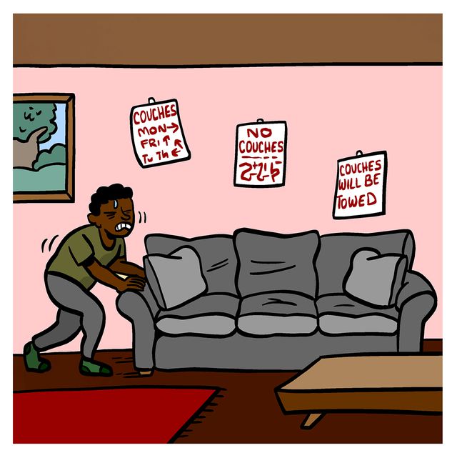 An illustration of Alternate Side Parking normplay, showing a man pushing his couch against his wall.